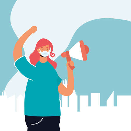 woman wearing medical mask protesting with megaphone vector illustration designのイラスト素材