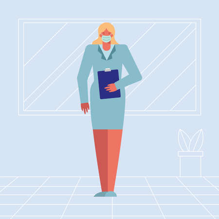 professional female doctor wearing medical mask with checklist vector illustration designのイラスト素材