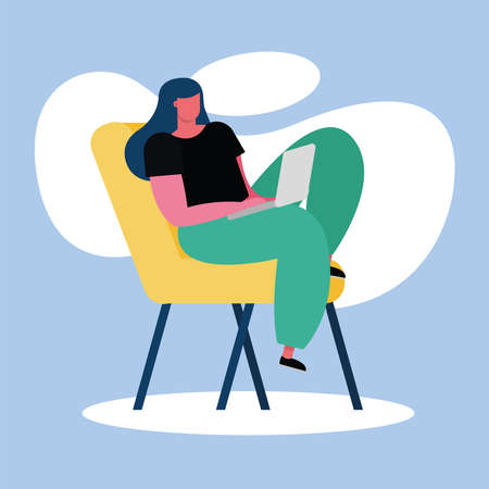 young woman using laptop working in the house chair vector illustration designのイラスト素材