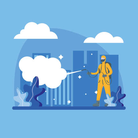 Man with protective suit spraying city design, Disinfection service and clean theme Vector illustrationのイラスト素材