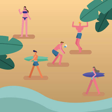 young people wearing swimsuits walking with surfboards and playing volletball vector illustration designのイラスト素材