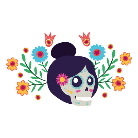 katrina skull with floral decoration comic character vector illustration designのイラスト素材