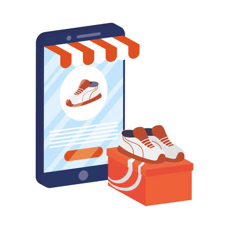 business online ecommerce with smartphone buying tennis shoes vector illustration designのイラスト素材
