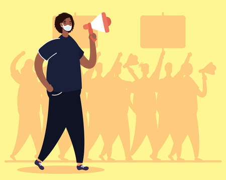 afro man wearing medical mask protesting with megaphone vector illustration designのイラスト素材