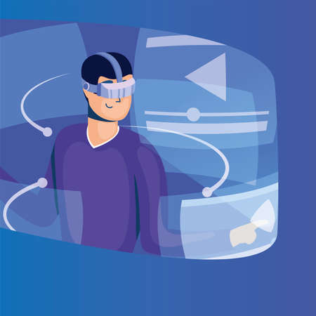 young man using reality virtual tech in interactive display vector illustration designのイラスト素材