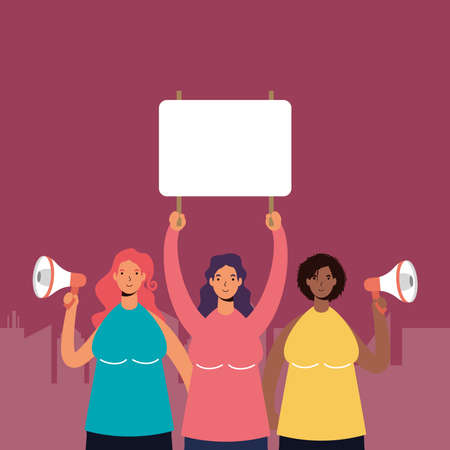 interracial women wearing medical masks protesting with placard and megaphone vector illustrationのイラスト素材