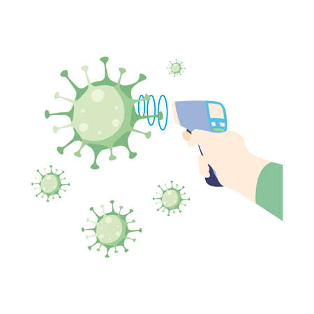 Hand holding thermometer gun checking virus design of Medical care and covid 19 virus theme Vector illustrationのイラスト素材