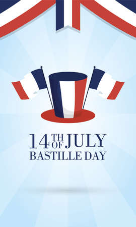 bastille day celebration card with france flags and tophat vector illustration designのイラスト素材