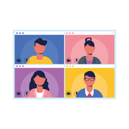People avatars on screen in video chat design, Call online conference and webcam theme Vector...