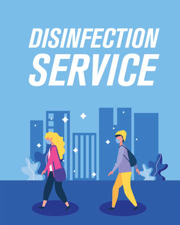 boy and girl with masks design, Disinfection service and clean theme Vector illustrationのイラスト素材
