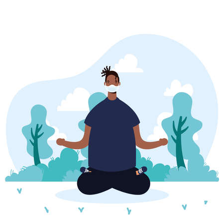 afro young man wearing medical mask practicing yoga vector illustration designのイラスト素材