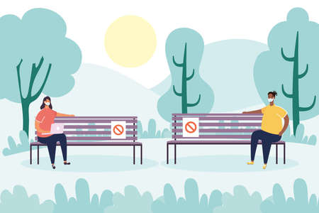 interracial couple practicing social distancing in park chair vector illustration designのイラスト素材
