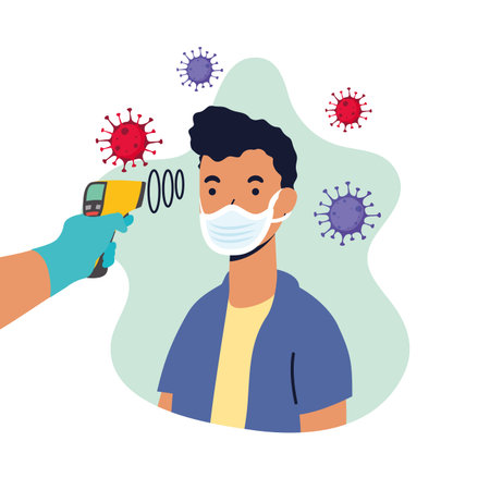 check temperature with laser thermometer to male patient vector illustration design