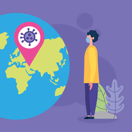 man using face masks with covid19 particle in earth planet vector illustration designのイラスト素材