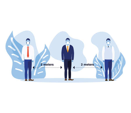 Office distancing between men with masks and leaves design of Covid 19 virus theme Vector illustrationのイラスト素材
