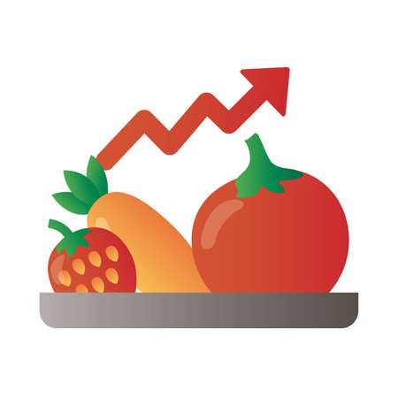 tray with fruits and vegetables price hike arrow up degradient style vector illustration designのイラスト素材
