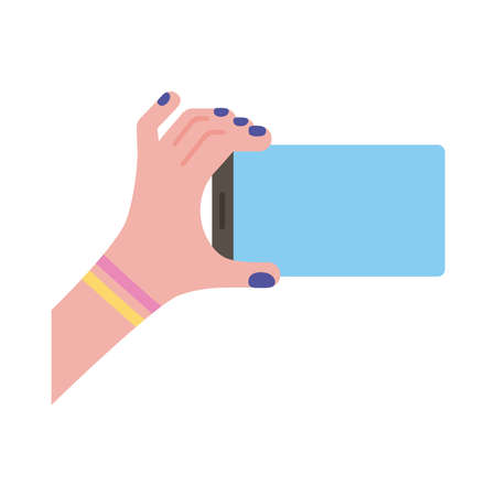 female hand lifting smartphone horizontally flat style icon vector illustration designのイラスト素材