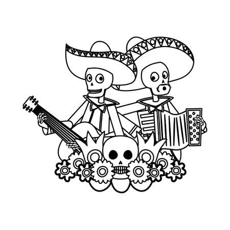 mexican mariachis skulls playing guitar and accordion vector illustration designのイラスト素材