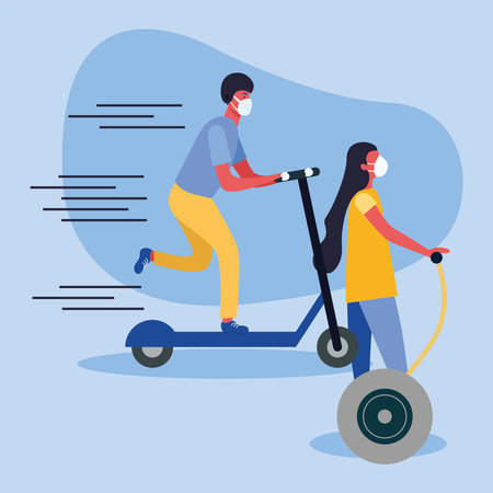 woman and man with mask on scooter and hoverboard design of medical care and covid 19 virus theme...