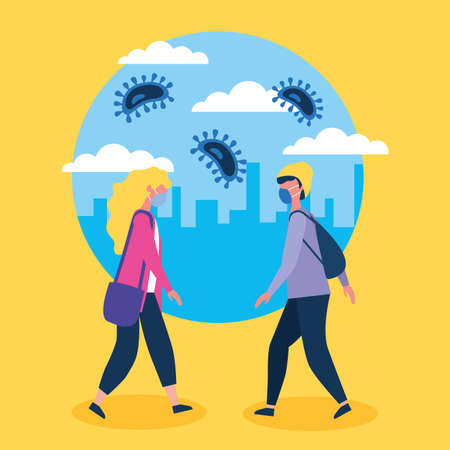 couple using face masks with covid19 particles vector illustration designのイラスト素材