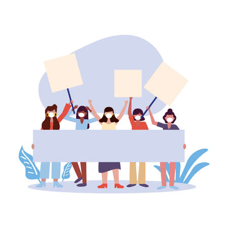 Women with medical masks and banners boards design, Manifestation protest and demonstration theme Vector illustrationのイラスト素材