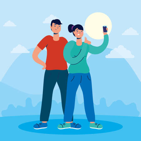 couple using smartphone social media technology vector illustration designのイラスト素材