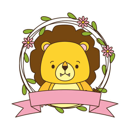 cute lion cartoon sticker flowers vector illustration designのイラスト素材