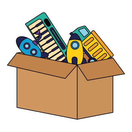 kids toys box piano submarine rocket and truck vector illustrationのイラスト素材