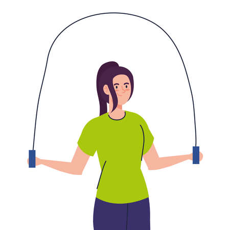 young woman jumping rope, sport recreation exercise vector illustration designのイラスト素材