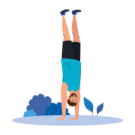 man standing on the hands outdoor, sport recreation exercise vector illustration designのイラスト素材