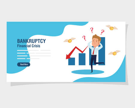 banner bankruptcy financial crisis, with worried businessman and infographic vector illustration designのイラスト素材