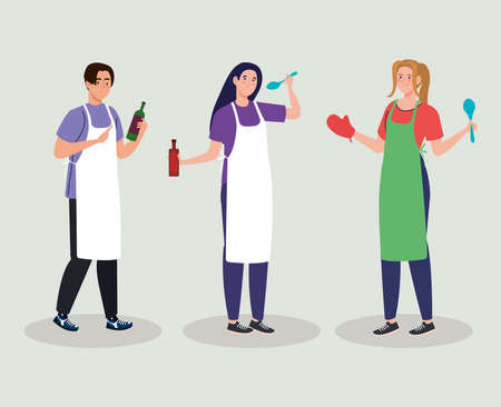 group young people cooking with kitchen utensils vector illustration designのイラスト素材