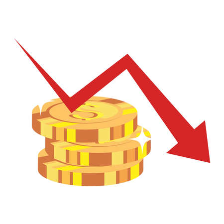 pile coins with arrow down on white background vector illustration designのイラスト素材