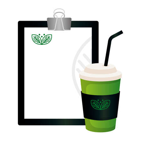 mockup disposable coffee and clipboard with sign of green company, corporate identity vector illustration designのイラスト素材