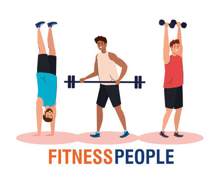 banner fitness people, young men doing exercises, sport recreation exercise vector illustration designのイラスト素材