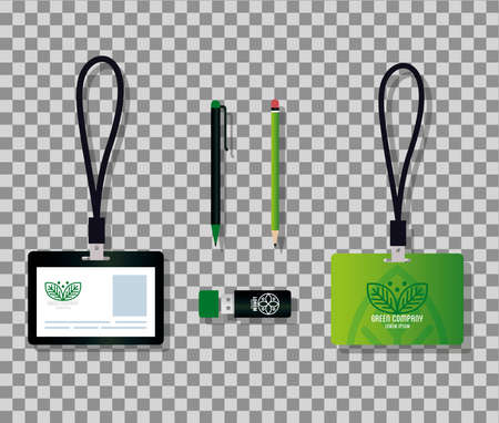 mockup stationery supplies color green with sign leaves, corporate identity green vector illustration designのイラスト素材