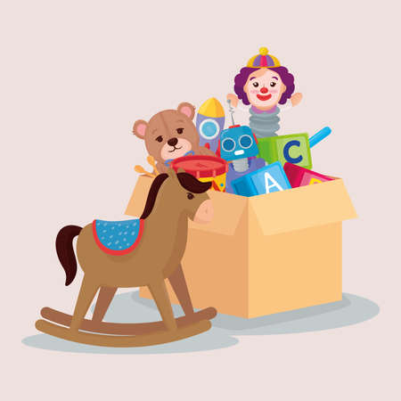 kids toys, wooden horse and toys in box carton vector illustration designのイラスト素材