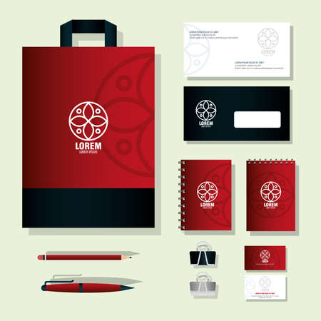 mockup stationery supplies, color red with sign white, brand mockup corporate identity vector illustration designのイラスト素材