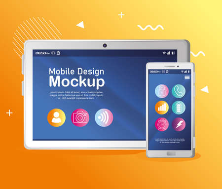 poster mobile design mockup, realistic tablet and smartphone mockup vector illustration designのイラスト素材