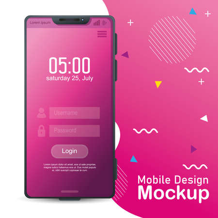 poster mobile design mockup, realistic smartphone mockup with login in screen vector illustration designのイラスト素材