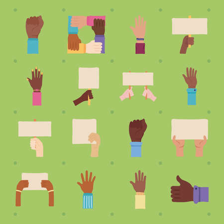 bundle of sixteen hands protest collection set icons vector illustration designのイラスト素材