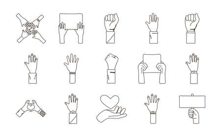 bundle of fifteen hands protest set icons vector illustration designのイラスト素材