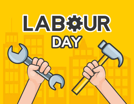 happy labour day hands with wrench and hammer vector illustrationのイラスト素材