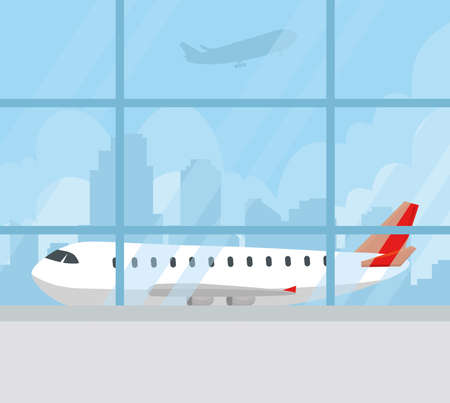 modern airliner in terminal, large commercial passenger aircraft on airport vector illustration designのイラスト素材