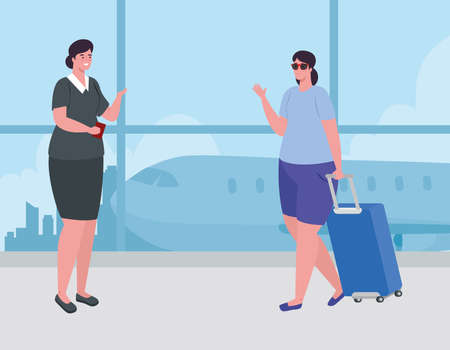 woman standing to check in, order to register for flight, female with baggage waiting for plane departure at airport vector illustration designのイラスト素材