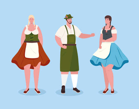 people german in national drees, women and man in traditional bavarian costume vector illustration designのイラスト素材