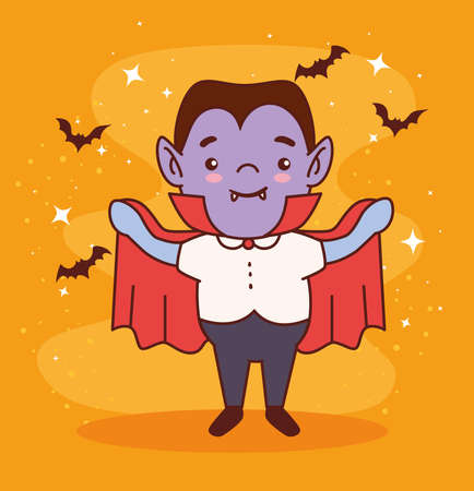 boy disguised of count dracula for happy halloween celebration with bats flying vector illustration designのイラスト素材