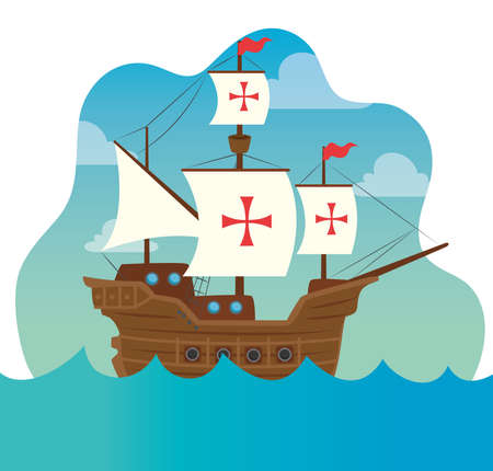 happy columbus day, with ship carabela on sea vector illustration designのイラスト素材