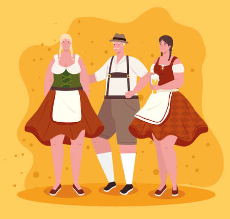 group people german in national drees, women and man in traditional bavarian costume vector illustration designのイラスト素材