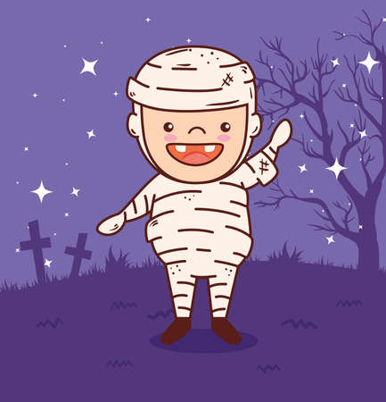 cute boy disguised of mummy for happy halloween celebration in dark night vector illustration designのイラスト素材